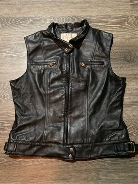 Classic Black Leather Moto Vest — Sleeveless Zip Front